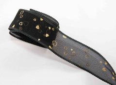 Chiffon hollow ribbon with hearts - black, gold - width 4 cm