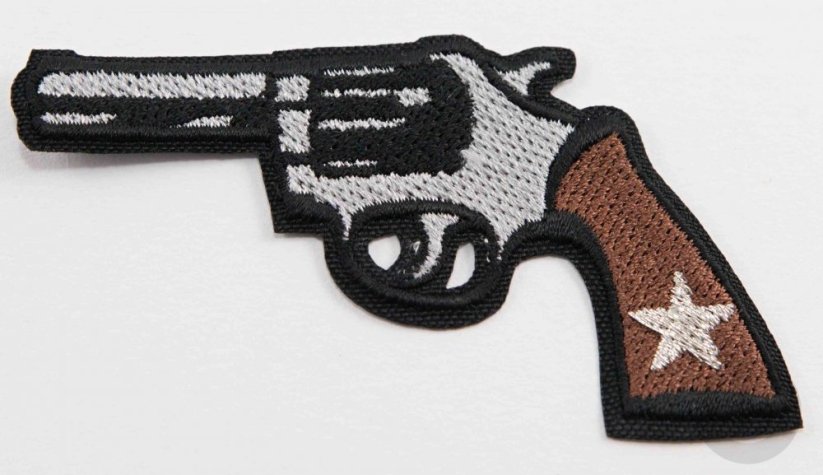 Iron-on patch - cowboy revolver - dimensions 8 cm x 4.5 cm - brown, silver, black