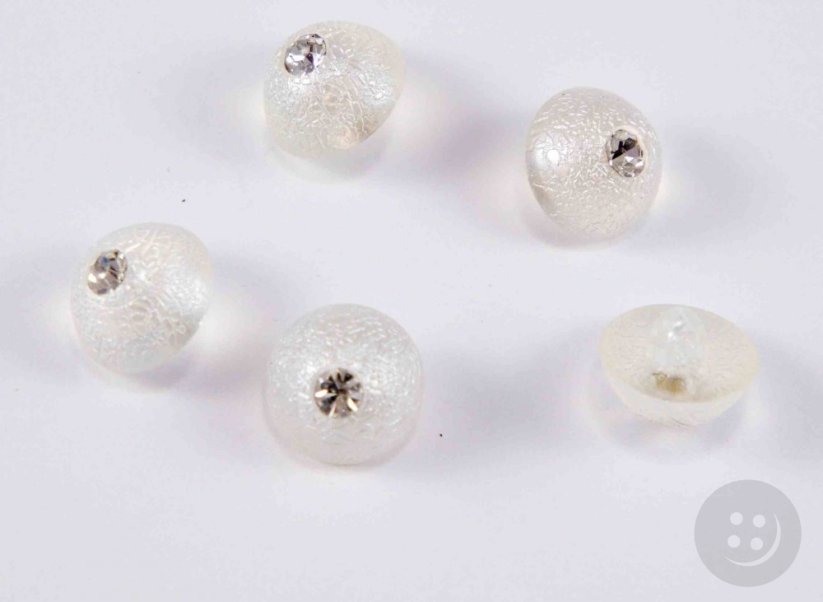 Button with rhinestone, with serrations, convex, with bottom stitching - transparent - diameter 1.4 cm