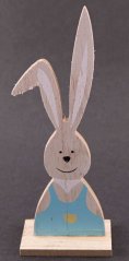 Drevený veľkonočný zajačik s ušami na podstavci - rozmer 17,5 cm x 4,5 cm x 3,5 cm - svetlo modrá, svetlé drevo, čierna