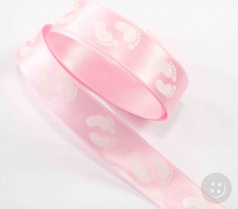 Satin ribbon with little feet - pink, white - width 2,5 cm
