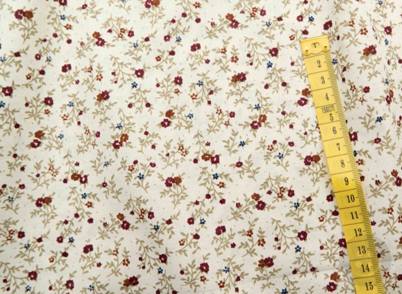 Bavlněné plátno - vínové kytičky na smetanovém podkladu - šířka 140 cm