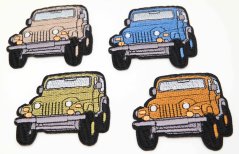 Patch zum Aufbügeln - Geländewagen - Größe 6 cm x 4 cm - rot, khaki, orange, blau, schwarz