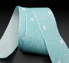 Ribbon with silver reflections and white hearts - turquoise - width 4 cm