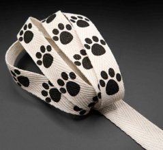Cotton ribbon with paws - cream, black - width 1.5 cm