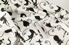 Cotton canvas - black cats with hearts on a white background - width 160 cm