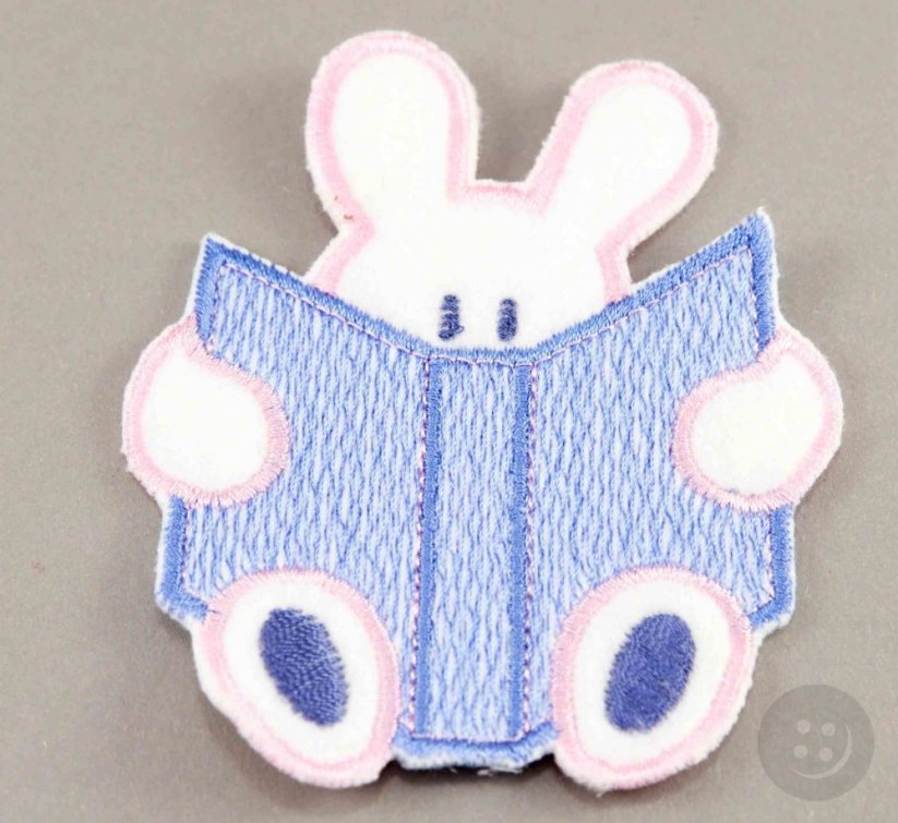 Iron-on patch - rabbit - white, pink, blue - dimensions 7 cm x 8.5 cm