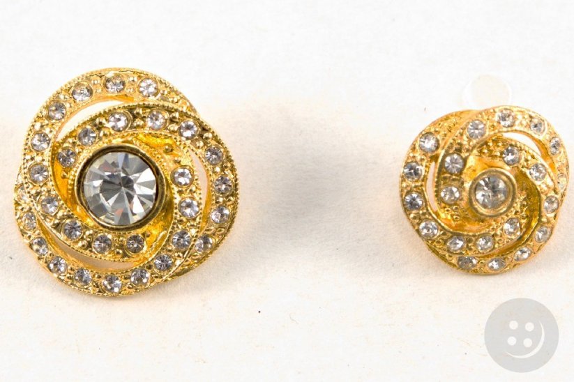 Luxury metal button - pinwheel, gold with rhinestones - diameter 1.5 cm