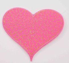 Nažehlovací záplata - ružové srdce so zlatou výšivkou - 7 x 7 cm