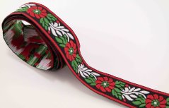 Krojová stuha - čierna s červenými kvetmi a svetlo zelenými lístočkami - šírka 2,5 cm