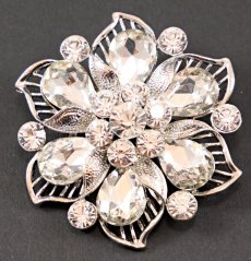 Metal brooch with crystal - transparent, silver - diameter 5.5 cm