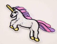 Iron-on patch with sequins - Unicorn in flight with pink mane 9 x 5 cm