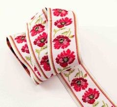 Krojová stuha - biela s vlčími makmi - šírka 2,5 cm