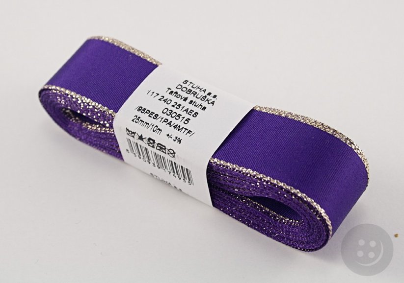 Taffeta ribbons with silver edge - dark purple, silver - width 0.9 cm - 4 cm