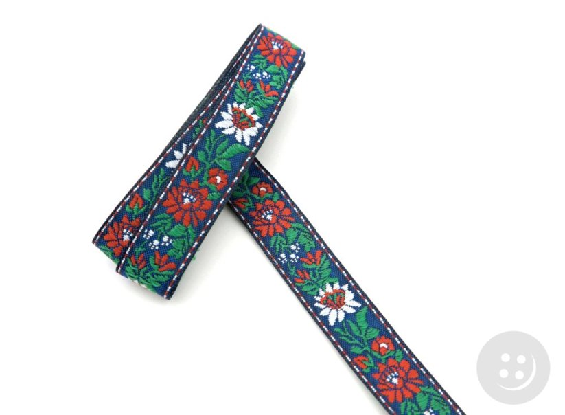 Folk ribbon - blue with red and white flowers - width 1.5 cm