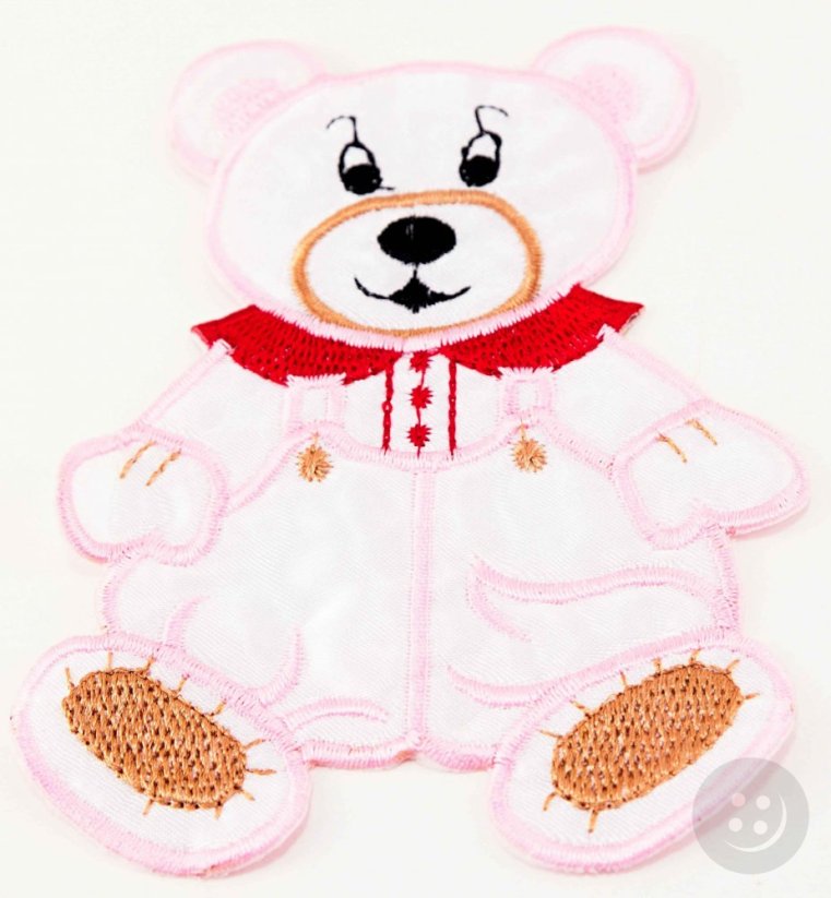 Našívací záplata - Medvídek - růžová, hnědá, bílá, červená - rozměr 12,5 cm x 9 cm
