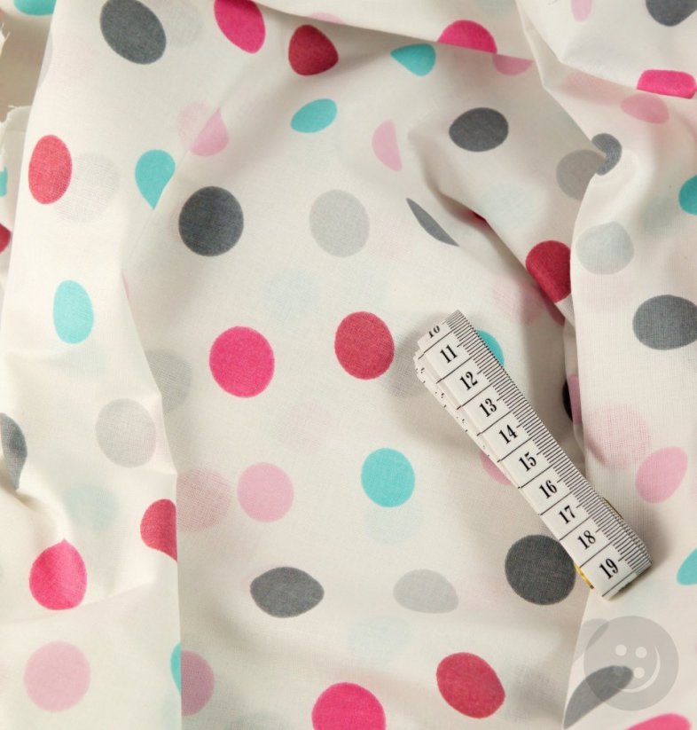 Cotton canvas - colored polka dots on a white background - width 160 cm