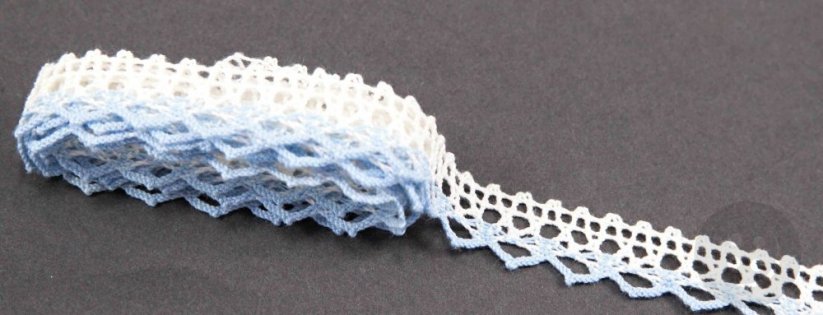 Bavlněná paličkovaná krajka - bílá a modrá - šířka 1,7 cm