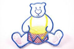 Sew-on patch - Teddy bear with a drum - pink, blue, white, yellow - dimensions 7 cm x 9 cm