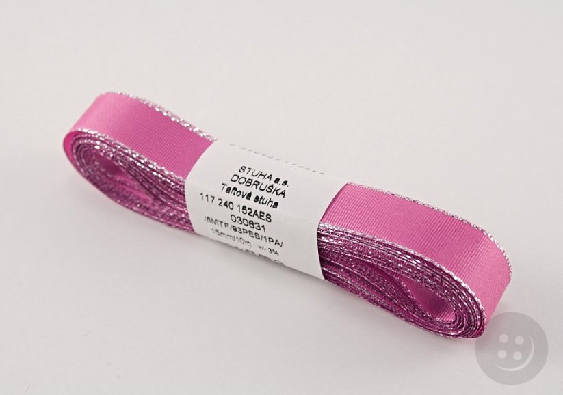 Taffeta ribbons with silver edge - pink, silver - width 0.6 cm - 1.5 cm