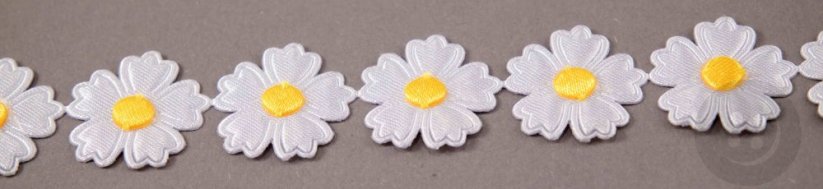 Satin daisies trim - white, yellow - width 2 cm