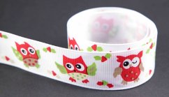 Grosgrain ribbon with owls - white, red, green - width 2.5 cm