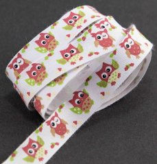 Cotton ribbon with owls - white, green, beige - width 1.5 cm