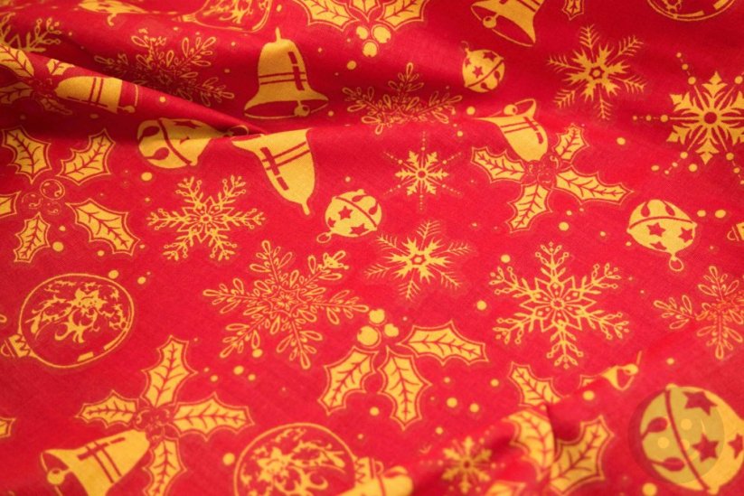 Bavlnené plátno - žlté vianočné motívy na červenom podklade - šírka 140 cm