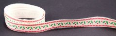 Bavlněná stuha s vánočním motivem - smetanová, zelená, červená - šíře 1,5 cm