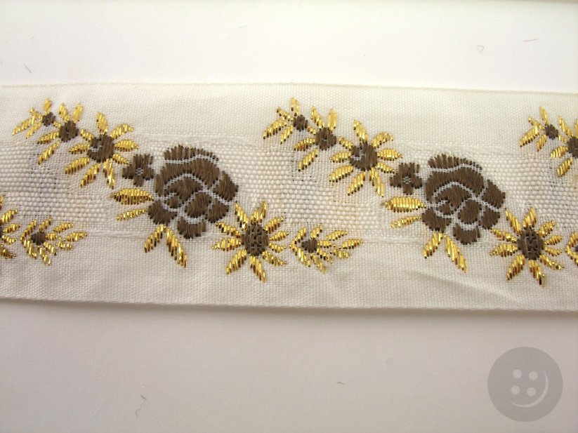Vzorovaná stuha s kytičkami - hnědá, bílá, zlatá - šíře 3 cm
