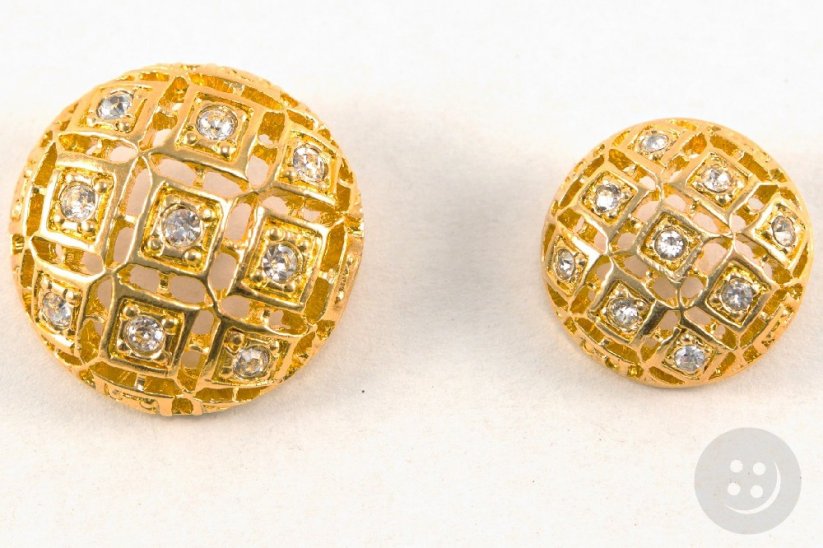 Luxury metal button - convex, gold with white stones - diameter 2 cm