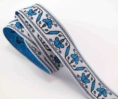 Festive ribbon - white with blue flowers and leaves - width 2.5 cm