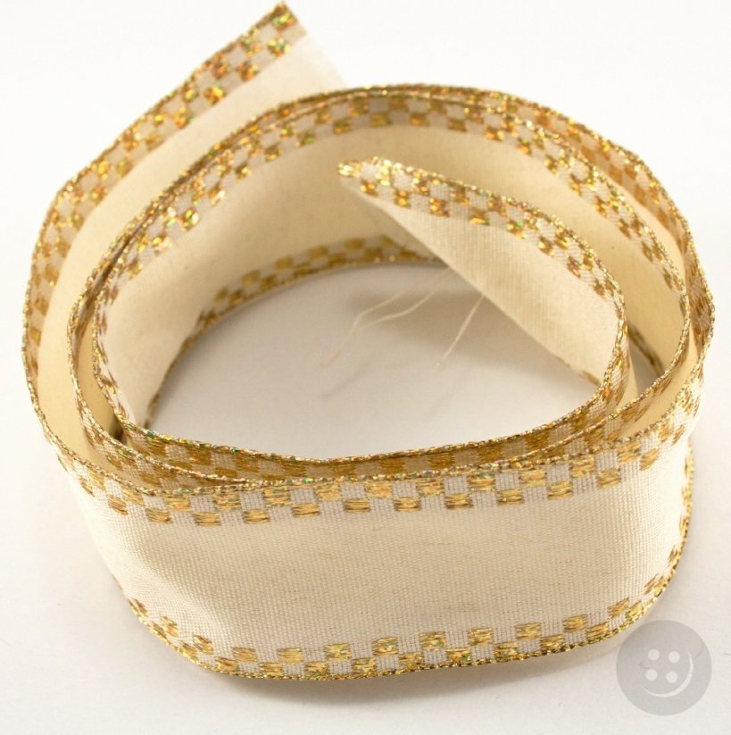 Ribbon with a gold pattern - cream, gold - width 4 cm