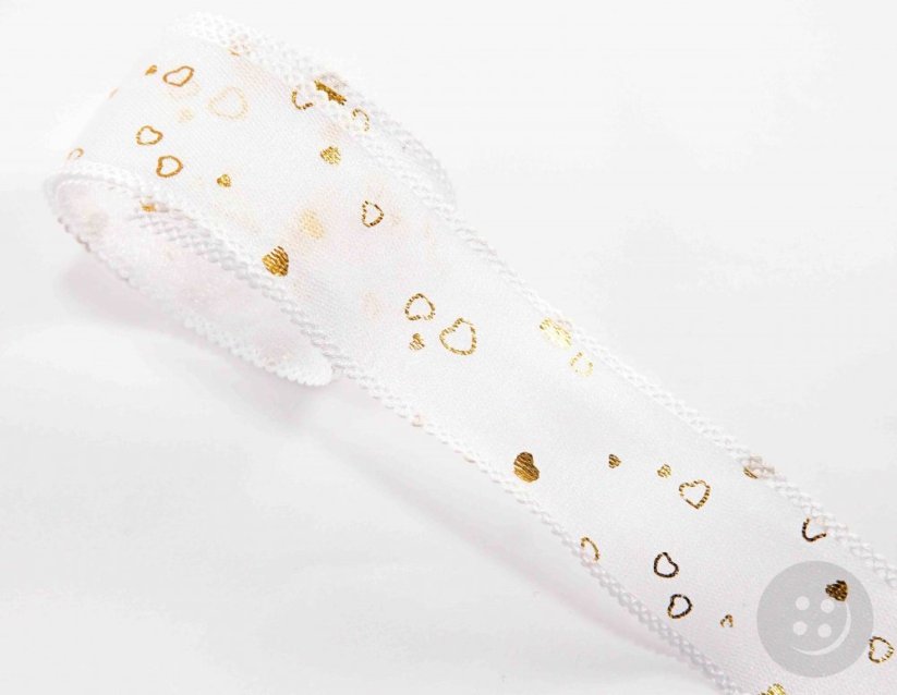 Chiffon hollow ribbon with hearts - white, gold - width 4 cm