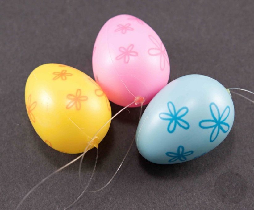 Malá barevná velikonoční vajíčka s kvítky na silonovém očku k zavěšení - tyrkysová, žlutá, růžová