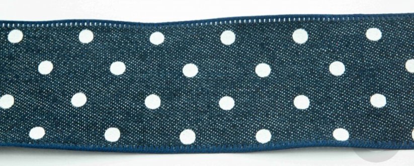 Jeansová stuha s puntíky - modrá, bílá - šíře 4 cm