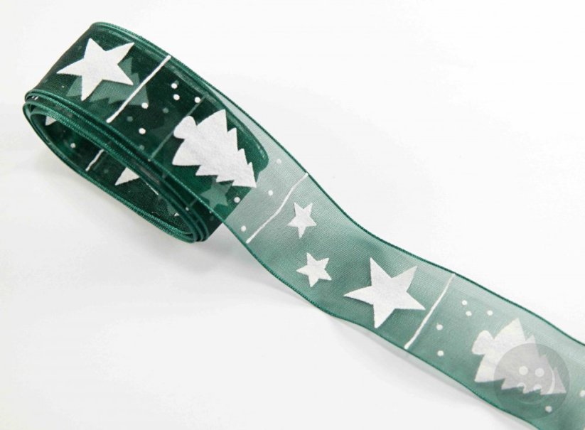 Chiffon ribbon with trees and stars - green, white - width 2.5 cm