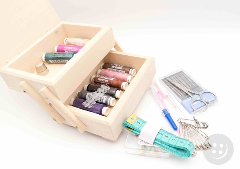 Natural foldable sewing box with sewing supplies