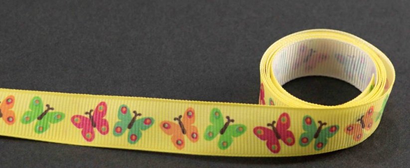 Rypsová stuha s motýlikmi - žltá, ružová, zelená - šírka 1,6 cm