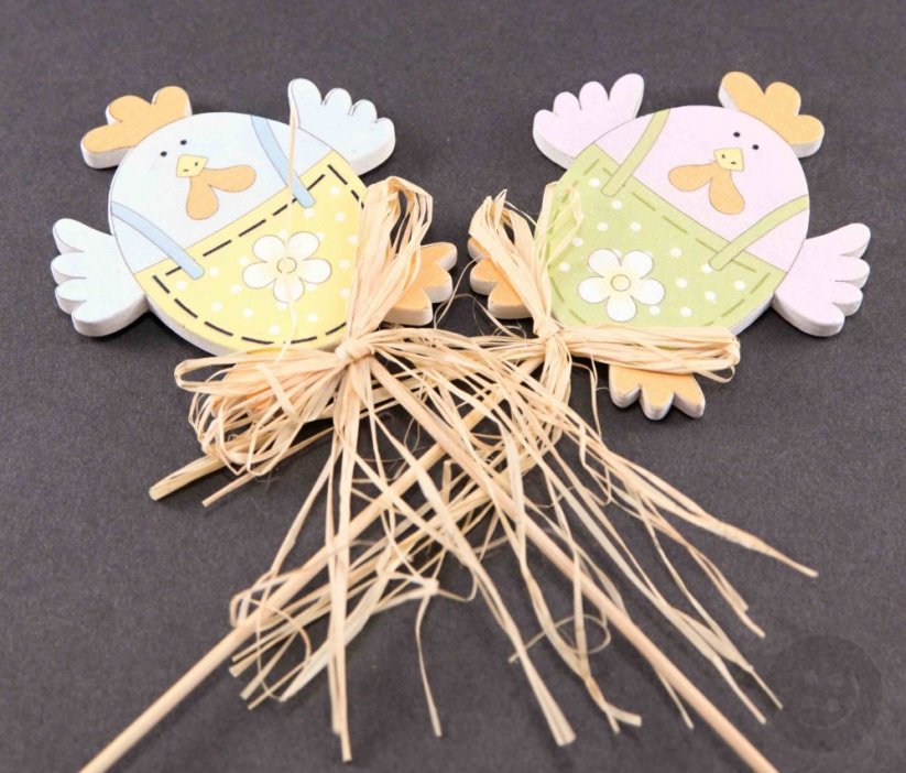 Wooden easter chick on a stick with a bast - dimensions 7 cm x 6.5 cm - pink, light blue