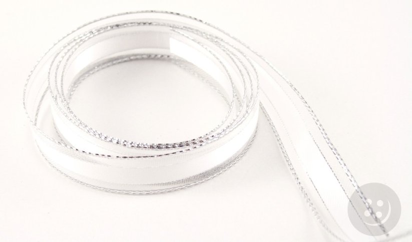 Wired ribbon - white, silver - width 1.5 cm