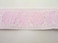 Embroidered decorative cotton ribbon with flowers - white, pink - width 4,2 cm