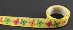 Rypsová stuha s motýlky - žlutá, růžová, zelená - šířka 1,6 cm
