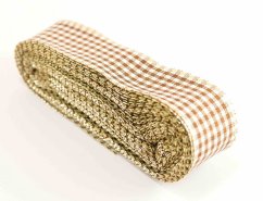 Decorative checkered ribbon - brown, cream, gold - width 2.5 cm