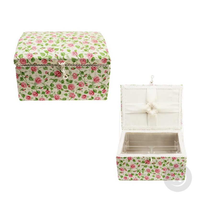 Textile box for sewing supplies - white, pink, green - dimensions 20 cm x 15 cm x 11 cm