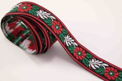 Festive ribbon - black with red flowers and dark green leaves - width 2.5 cm
