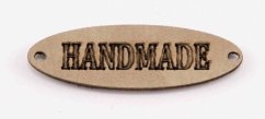 Našívacia kožená štítok Handmade - ovál - cappuccino - rozmer 3,5 x 1 cm