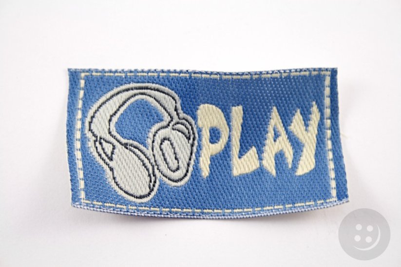 Sew-on patch Play - cream, ecru, blue - dimensions 3,1 cm x 6,5 cm