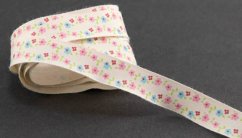 Bavlněná stuha s jarními květy - smetanová, růžová, světle modrá - šíře 1,5 cm