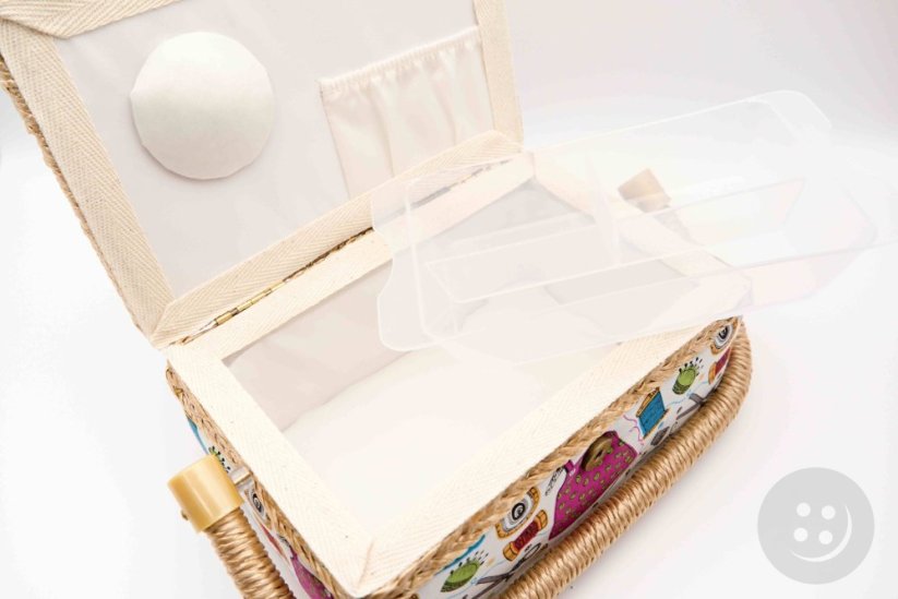Textile cassette for sewing supplies - cream, blue, brown - dimensions 27.5 cm x 19.5 cm x 11.5 cm